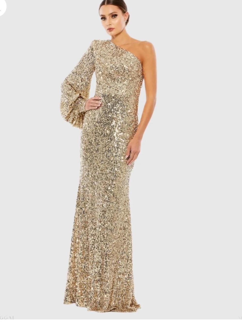 Mac Duggal Gold One-Shoulder Sequin Trumpet Gown - Picture 4 of 7
